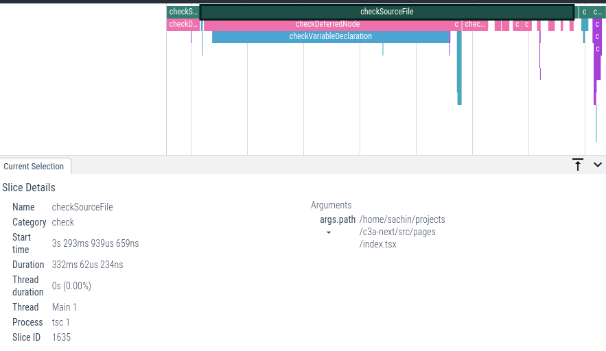 trace bar showing that src/pages/index.ts took 332ms to type-check