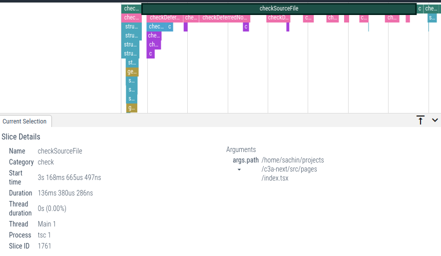 trace bar showing that src/pages/index.ts took 136ms to type-check